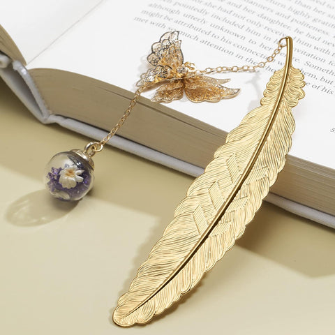 Metal Feather Bookmark with Butterfly and White Flower